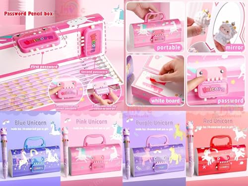 Image of WORSHIPER New Cartoon Theme Pencil Box with Push Pull Eraser Set for Kids | Suitcase Style Password Lock Stationery Organizer | School Supplies Gift Combo for Boys & Girls (Purple Unicorn + Eraser)