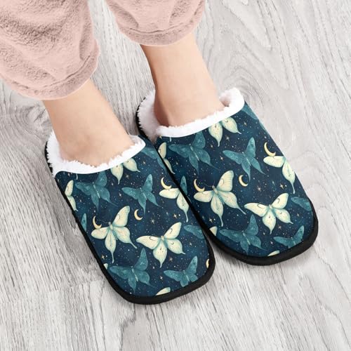 Women's Men's Fuzzy Slippers Cozy House Shoes Travel Warm Moths Moon Slippers3