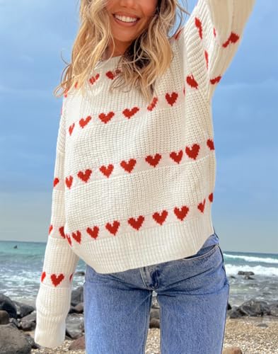 Image of Women Heart Print Sweaters Crewneck Loose Fit Knit Pullover Casual Sweater Tops