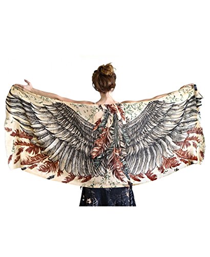 Designer Silk & Cashmere Scarf With Wide Spread Bird Feather Wings (Earthly)4