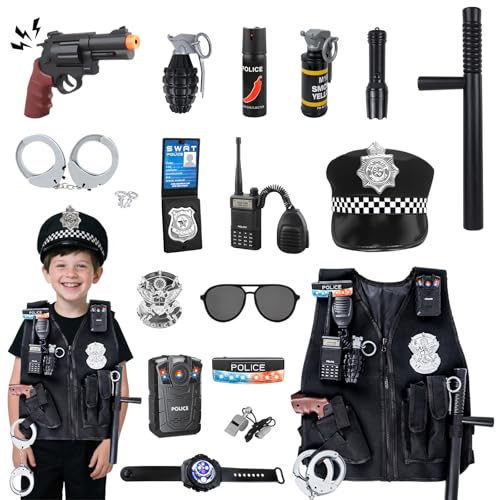 KalaDuck Disfraz Policia Niño Niña, 17Piezas Accesorios Policía Juguetes con Gorra Policia, Chaleco Swat y Esposas Juguete, Juego de Disfraz Swat Carnaval Niños 3 4 5 6 Años