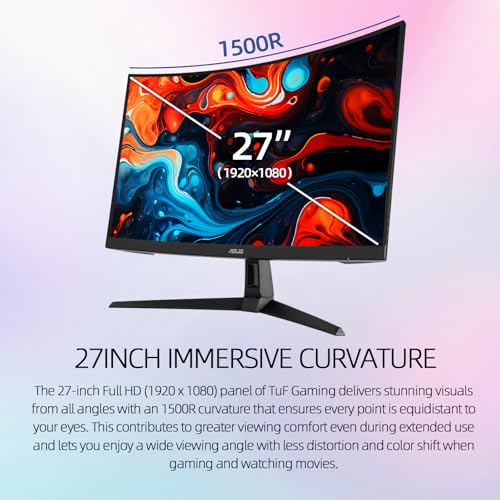 Image of ASUS TUF Gaming 27 inch Curved Monitor, FHD Display, 165Hz, 1ms MPRT, VA Panel, Extreme Low Motion Blur, Adaptive-Sync, FreeSync Premium, HDMI, VGA, Eye Care, VESA, Tilt|Swivel Adjustable Stand, Black