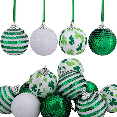 St Patricks Day Sequin Hanging Balls - 1.96 Inch Glitter Irish Clover Shamrock Ball Ornament - White Green Clover Hanging Ball For St. Patrick's Day Irish Party Tree Decor #TOP10
