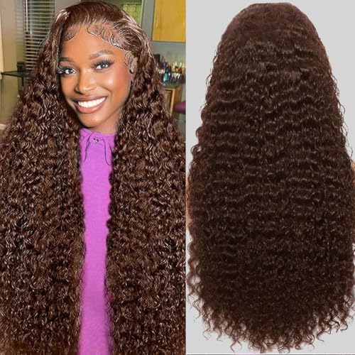 Anderah 30Inch Chocolate Brown Deep Wave Lace Front Wigs Human Hair 200 Density 13x6 HD Lace Frontal Wigs Curly Human Hair Wig For Women Pre Plucked with Natural Hairline 4# Brown Color