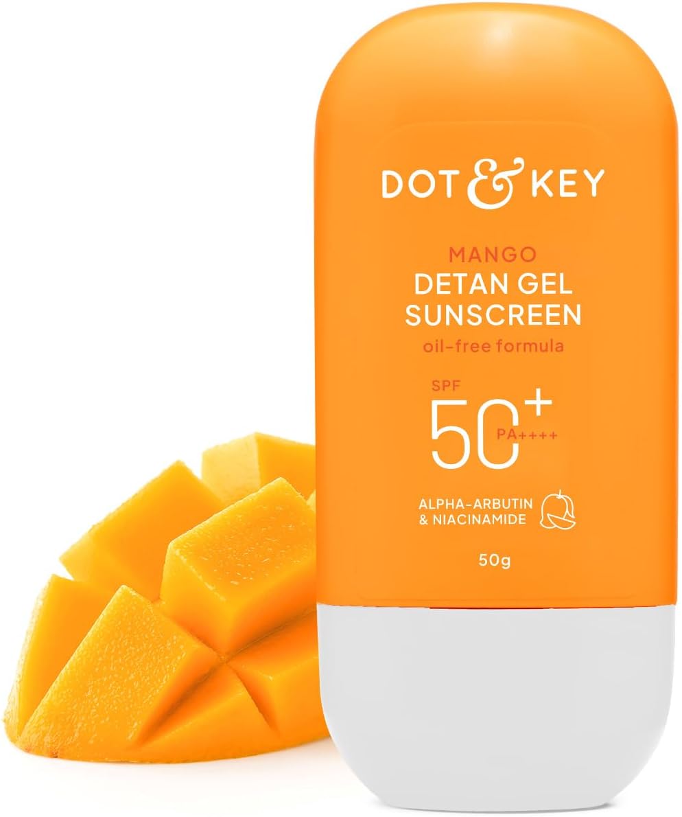 Dot & Key Mango Detan Gel Sunscreen In-Vivo Tested SPF 50+ PA++++, Oil-Free Formula, With Alpha-Arbutin & Niacinamide, Controls Tanning, 120 Minutes Water Resistant, Brightens & Evens Skin Tone | 50g