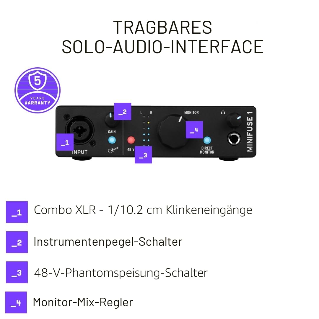 Arturia - MiniFuse 1 - Kompaktes USB-Audio-Interface mit Kreativer Software für Hochwertige Aufnahmen, Produktion, Podcasting, Gitarre - Schwarz