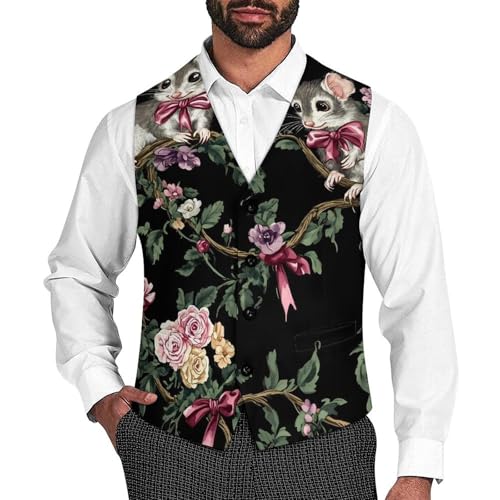 Opossums with Bows And Roses Men's Formal Suit Vest for Business Formal Or Casual Dress Waistcoat Wedding