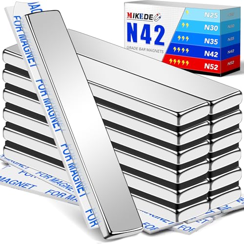 Image of MIKEDE Heavy Duty 12 Pack Rare Earth Neodymium Magnets N42 High Power Strong,with Double-Sided Adhesive, Powerful Bar Magnets for Fridge, Garage, Kitchen - 2.36 x 0.39 x 0.12in