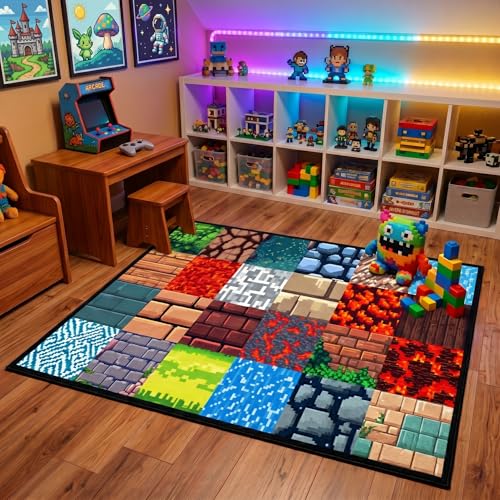 Game Room Rug - Video Game Decor for Boys Bedroom 25x4 Block Theme Carpet Gaming Floor Mat Rugs for Boys Room Decor for Bedroom Living Playroom