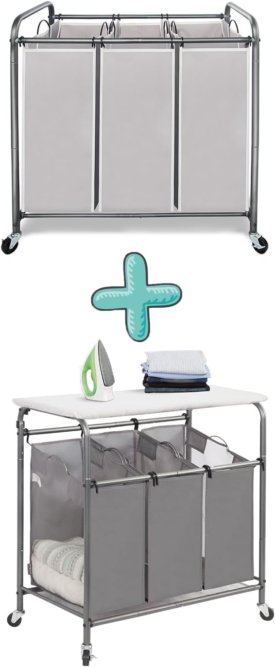 STORAGE MANIAC 3 Section Laundry Sorter Plus Laundry Sorter with Ironing Board, Heavy Duty Rolling Laundry Cart with Removable Bags