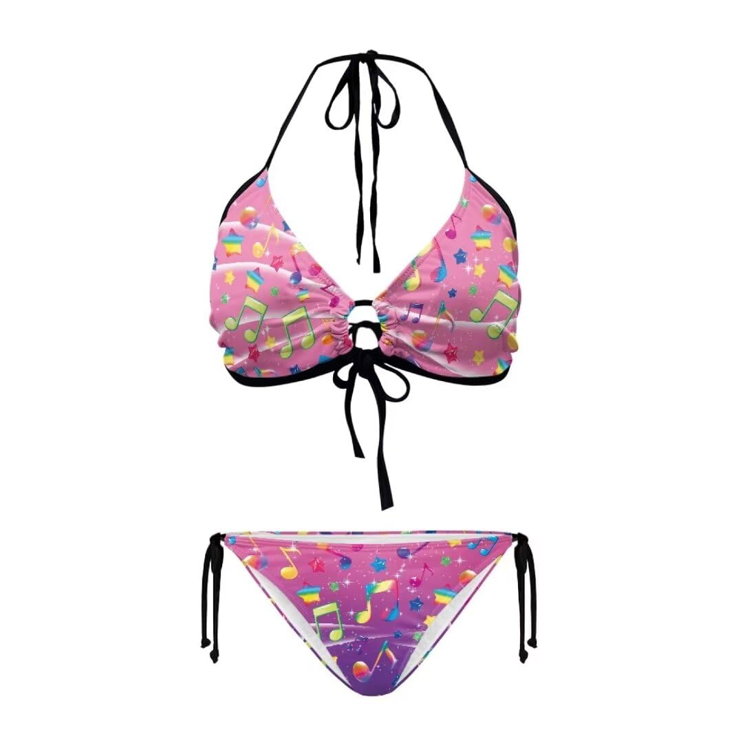 Youngerbaby Music Notes Pink Bikini Women's Halter-Neck High Waist Triangle Bikini Sets, Casual Sleeveless Swimsuits for Beach