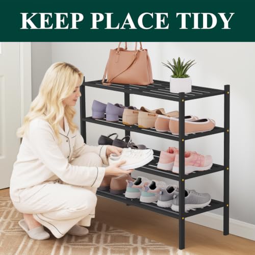 Image of Smiry Bamboo Shoe Rack, 5 Horizontal Slats, 4 Tier - 26.8 inch Wide, Black