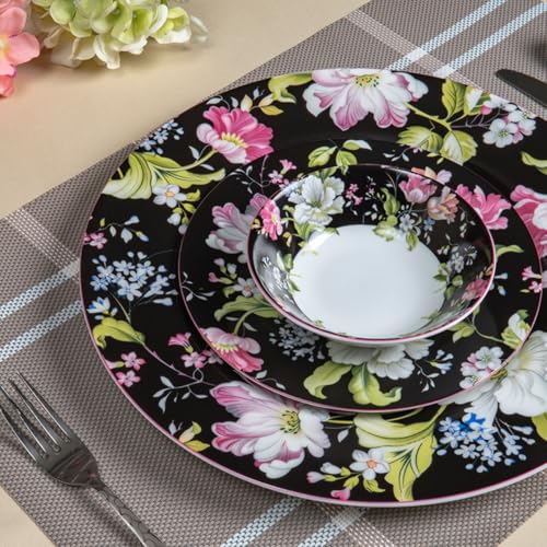 Image of GOLDEN QUEEN'S Handcrafted 12 Pieces Dinner Set | 4 Dinner Plates, 4 Small Bowls & 4 Snack Plates | Perfect for Hosting Guests and Daily Meals - Garden Splendor Black