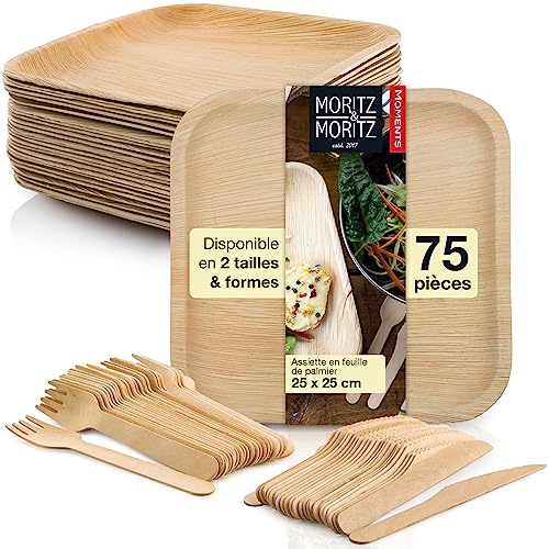 Moritz & Moritz 75 Pièces assiette jetable feuille de palmier - 25 Vaisselle - 25 Couverts Bois -...