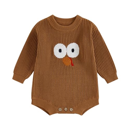 MOLZULAMS Thanksgiving Baby Girl Boy Outfit Long Sleeve Turkey Knit Sweater Romper Crewneck Pullover Sweatshirt Fall Clothes (Brown, 3-6 Months)