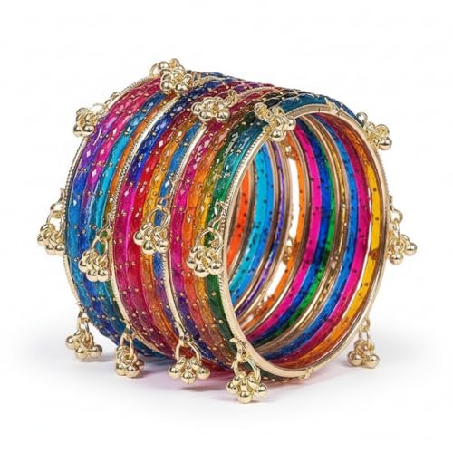 Image of Kashmiri Ghangharoo Glass Bangle Set for Women| Light Weight Bangles | Traditional Transparent Fancy Glass Chudi Set for Wedding, Party|Set Of 16(12 Glass + 4 ghungroo bangles)