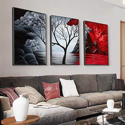 Toile Peinture Nuage Arbre Rouge HD impression sur chassis encadre noir 3 pieces