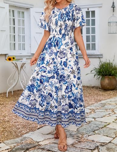 Image of ZESICA Women's 2026 Summer Boho Floral Maxi Dresses Casual Short Flutter Sleeve Smocked Tiered Flowy Dress