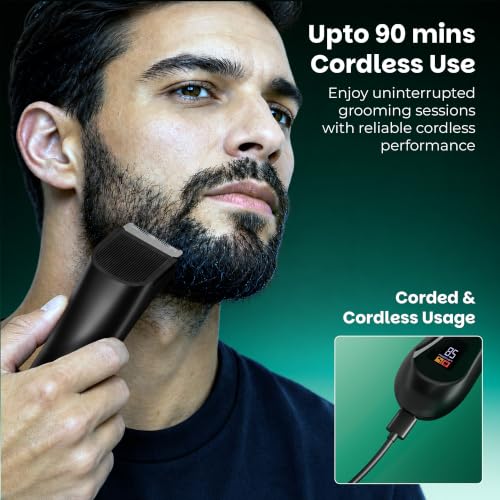 Image of Zebronics HT300B Body Trimmer for Men, 90min Runtime, IPX6 Waterproof, LED Spotlight, Type-C Rechargeable, Corded & Cordless, Self-Sharpening Stainless Steel Blades, Charging Dock (Black)