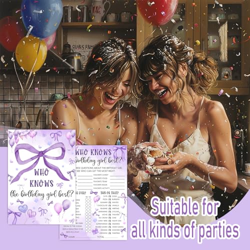 Image of Who Knows The Birthday Best - Purple Party Games Card Set - Purple Bow Themed Sleepover Slumber Party Supplies - Birthday Night Games Creative Idea - 20 Game Cards