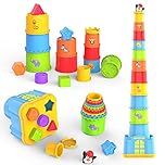 MOONTOY Stacking Cups - 19PCS Nesting Shape Sorter, Early Educational Bath Toy for 1-3 Year Old Toddlers, Boys & Girls Birthday Gift