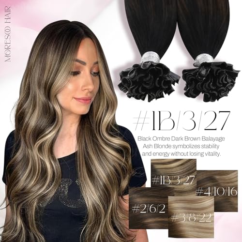 Image of Moresoo U Tip Hair Extensions Human Hair, Black Blonde Balayage, 14 Inch | 50g 50 Strands, Ombre Brown with Blonde, pre bonded keratin tips for salon application, suitable for adding length and volume