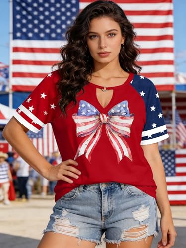 Image of Ithalt Plus Size American Flag Shirt Women Bow T Shirt 4th of July Shirts USA Patriotic V Neck Tees for Independence Day