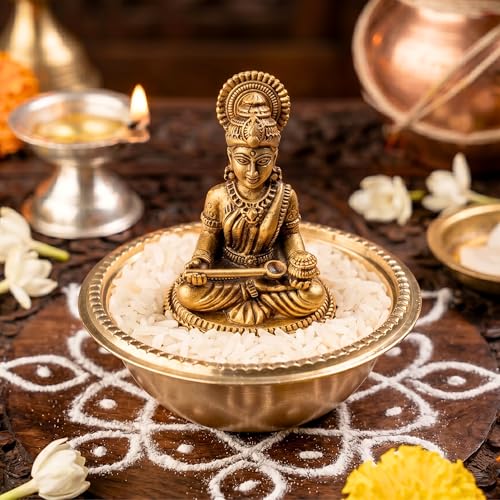 Image of anciently Pure Brass Annapoorani Statue with Rice Bowl - Maa Annapurna Devi Idol /Silai /Murti for Kitchen Vastu & Pooja Room, Gold Colour, 1 Set