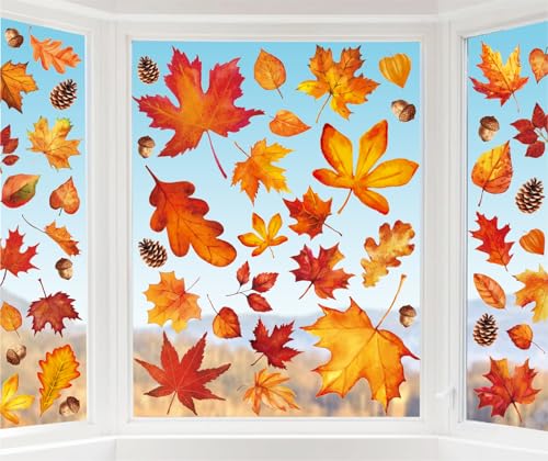 Whaline 9 Sheet Fall Window Clings Watercolor Orange-Brown Maple Leaves Pine Cone Acorn Double-Sided Reusable Windows Decals for Autumn Thanksgiving Home Windows Glass Holiday Decor