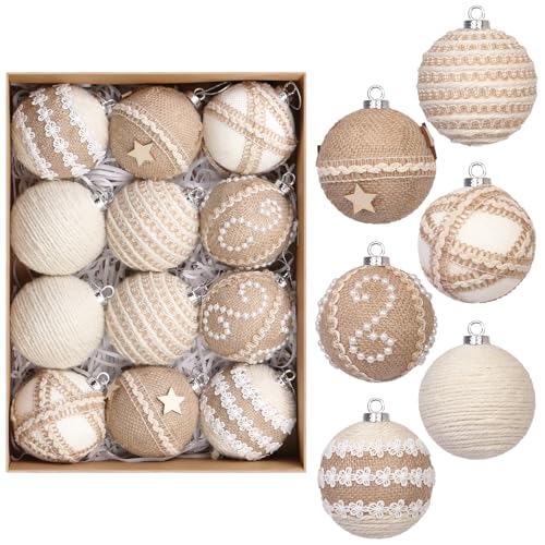 12PCS Christmas Ball Ornaments 3.14/80MM Boho Shatterproof Christmas Tree Hanging Ball Decorations for Home Indoor Farmhouse Xmas Vase Bowls Filler Centerpiece Rustic Decor