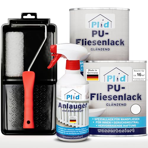 Plid® Fliesenfarbe Badezimmer & Küche [FEUCHTIGKEITSBESTÄNDIG] Fliesenlack Weiß Gläzend 1,5l fürs Bad - Fliesen neu streichen & lackieren im Innenbereich - 3in1 Fliesen Farbe Lack - Set