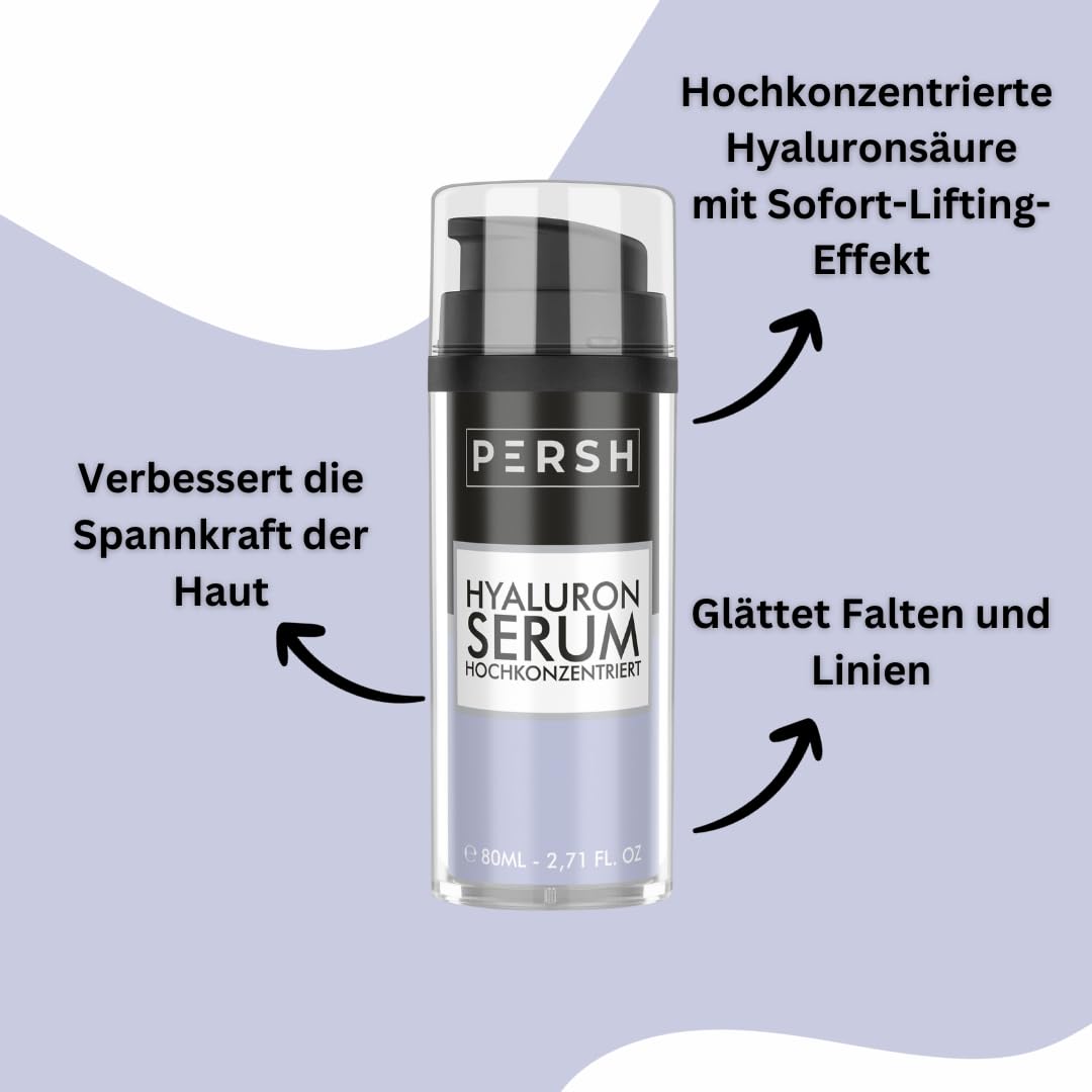 PERSH Hyaluron Serum 80ml - Sofort-Lifting-Effekt für straffe, jugendliche Haut | Feuchtigkeits-Boost mit hochkonzentrierter Formel | Reduziert feine Linien | 100% Vegan