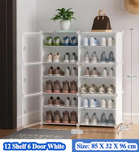 Image of Zemic DIY Portable Shoe Rack for Home Plastic Shelves Household, Shelf Shoe Rack with Dustproof Door for Heels /Slippers /Boots for Entryway or Bedroom (White, 12-Shelf-6-Door)