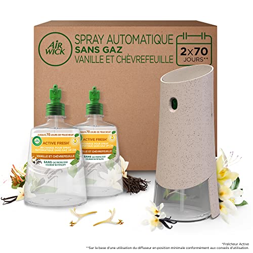 Air Wick Désodorisant Maison Spray Automatique Sans Gaz Active Fresh - 1 Diffuseur + 2 Recharges Parfum Vanille et Chèvrefeuille
