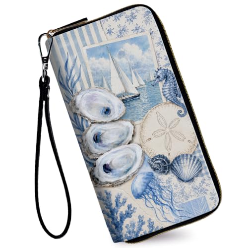 Image of Women's Wallets Credit Card Holder Money Leather Long Wallet | Long wallet with Wristlet,Large Capacity with Zip-Around Phone Purse for Women Ladies Girls,Blue Collage