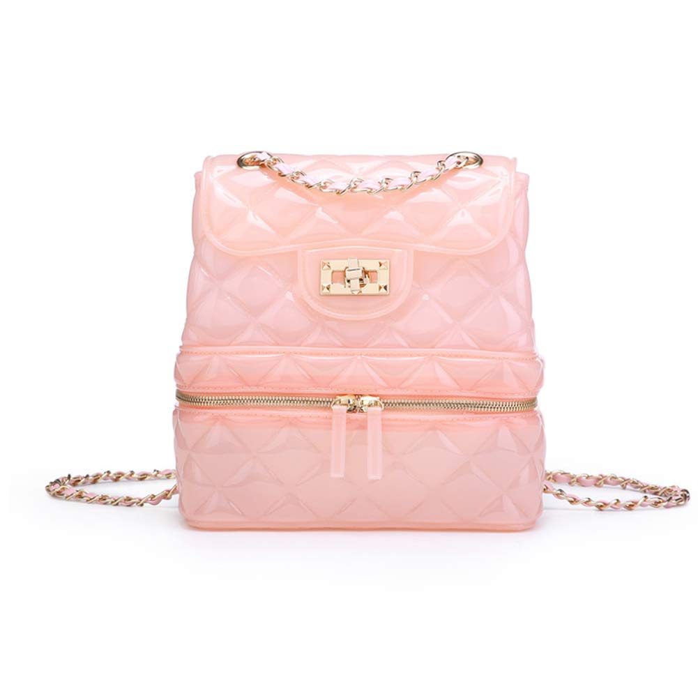 Women Transparent Candy Color Jelly Bag Double Layer Makeup Travel Backpack (Pink)