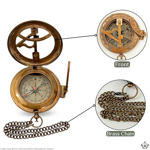 Compás de Sol Antiguo de Latón con Caja de Madera y Cadena - Reloj de Sol de Bolsillo de Latón - Compás de Apertura por Pulsador - Compás Grabado con Caja - Reloj de Sol Hecho a Mano para Bautizo, Regalo para Hijo miniatura 5