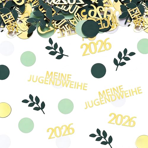 200 Stück Meine Jugendweihe Deko Konfetti 2026 Gold Grün Tischdeko Streudeko mit Blätter und Punkte Motiven Tischdeko Jugendweihe für Junge & Mädchen DIY Basteln (Meine Jugendweihe)