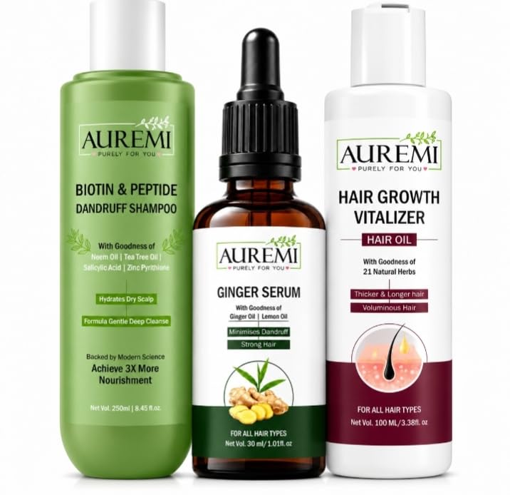 AUREMI Complete Hair Care Combo Pack | Biotin & Peptide Anti-Dandruff Shampoo, Ginger Serum & Hair Growth Vitalizer Oil | Hair Fall Control, Scalp Nourishment & Stronger Hair | For All Hair Types (Pack of 3)-image-36