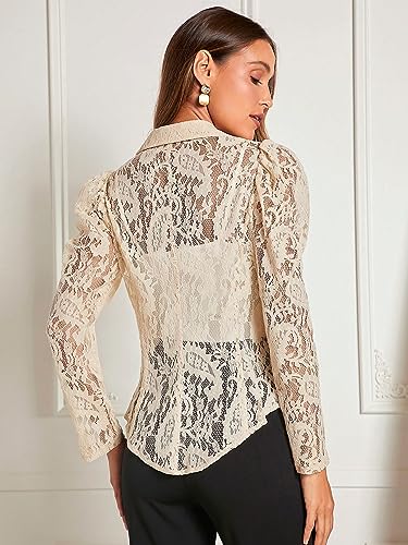 WDIRARA Women's Floral Lace Lapel Neck Single Button Long Puff Sleeve Sheer Elegant Blazer2