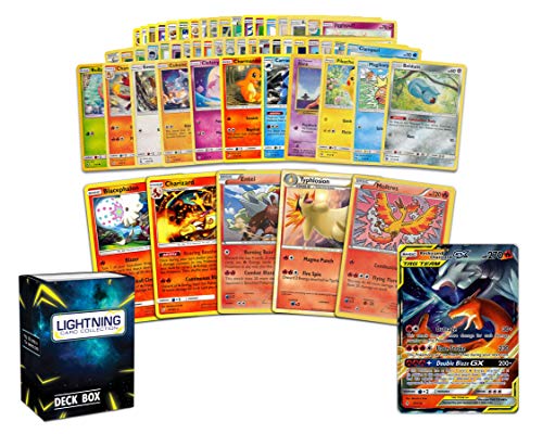 Pokemon fire Collection - 50 Pokemon Cards Plus 5 Rare fire Pokemon and 1 fire Ultra-Rare Card Free Lightning Card Collection's Deck Box Include