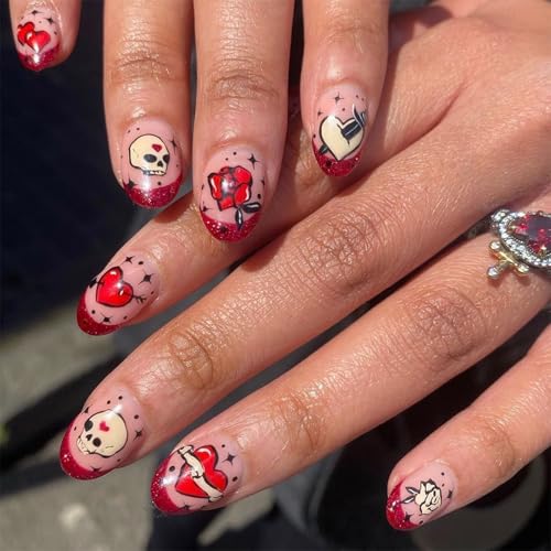 24 piezas de uñas postizas para el día de San Valentín, punta francesa, uñas postizas con forma de corazón, flores, suministros de manicura para mujer