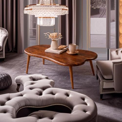 Image of Solid Sheesham Wood Coffee Table | Modern Wooden Center Table for Living Room | Oval Tea Table with Tapered Legs | Stylish Sofa Table for Lounge Area | Minimalist Cocktail Table Home Furniture | Brown