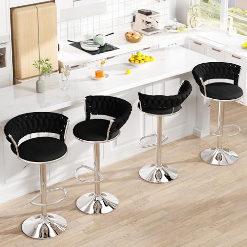 Image of Lamerge Velvet Bar Stools Set of 2,Swivel Bar Chairs Counter Adjustable Height Barstools with Back & Footrest,Upholstered Kitchen Island Chairs for Pub(2PCS Black)