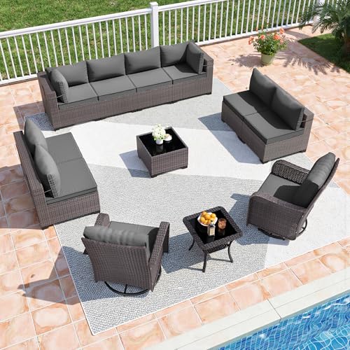 Image of 12 Pieces Outdoor Patio Furniture Set,Outdoor Sectional Furniture All Weather PE Rattan Wicker Patio Conversation Set with Coffee Table,Swivel Rocking Chairs Set,Grey
