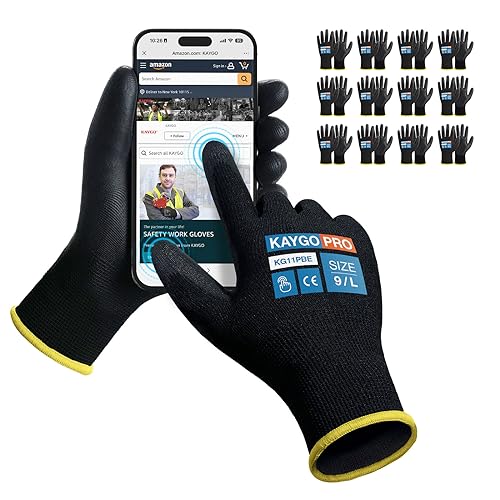 Image of KAYGO Safety Work Gloves, PU Coated, 2-Finger Touchscreen, KG11P | Breathable & Lightweight, Smooth Grip, 13-Gauge Seamless Knit, for Light Warehouse, Manufacturing, Gardening