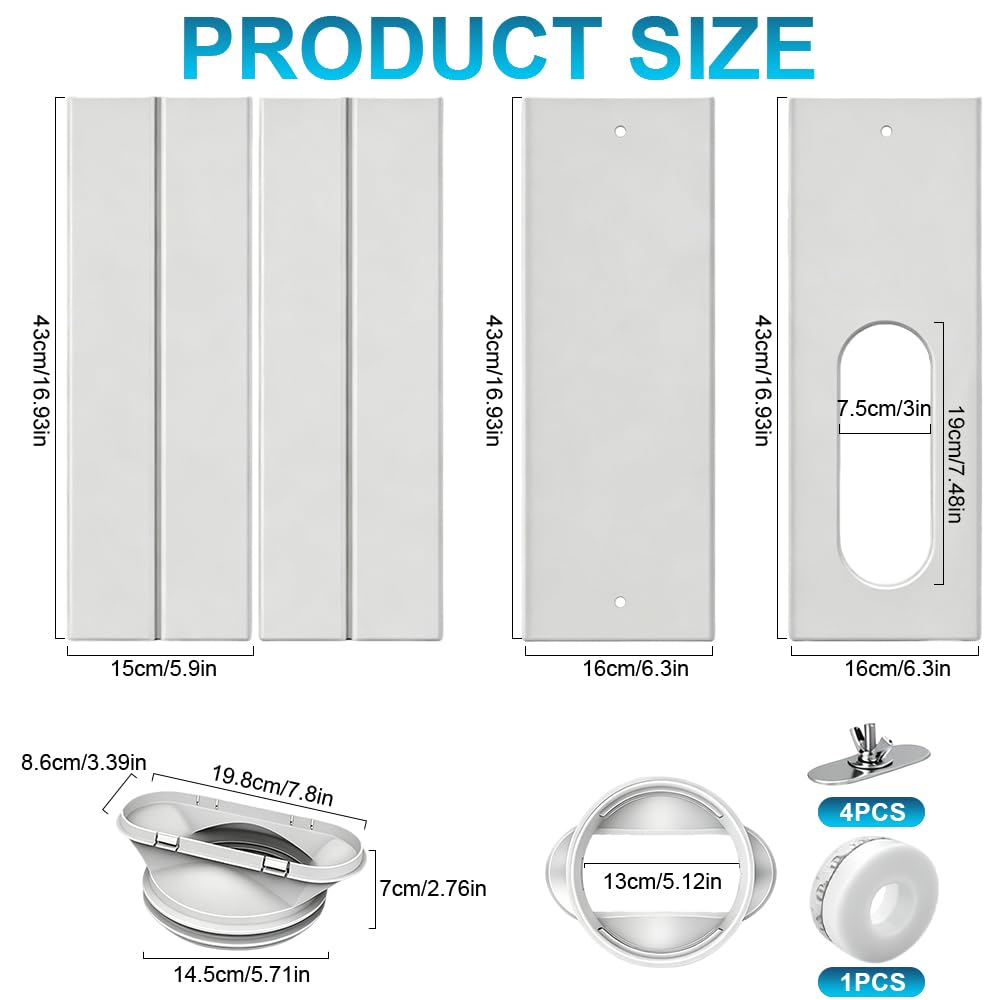 Lotvic 4 Pezzi Kit Finestra Condizionatore Portatile, Adattatore Finestra per Condizionatore, Tubo di Scarico 13/15 cm, Piastra del Kit Finestra per Finestre Scorrevoli Verticali/Orizzontali