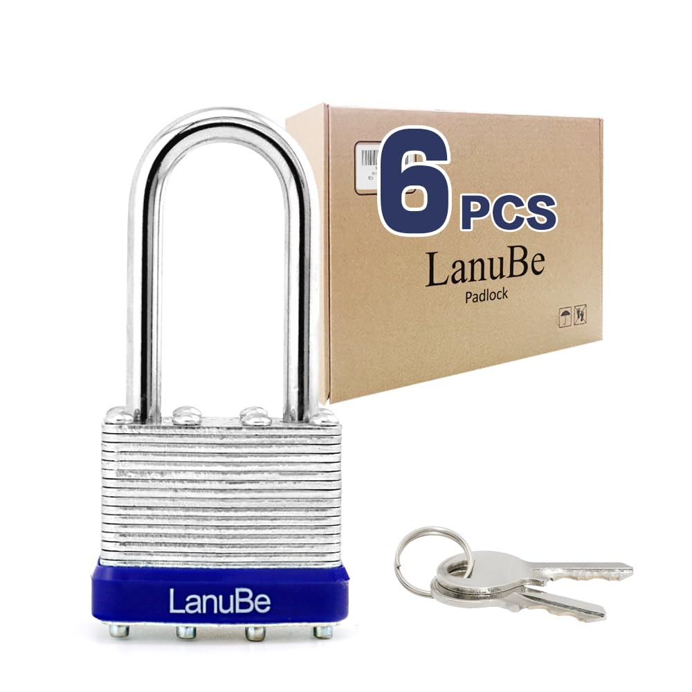 LanuBe Lock Laminated keyed Padlock (1-9/16", 40mm), keyed Alike Locks, Long Shackle, Pack of 6