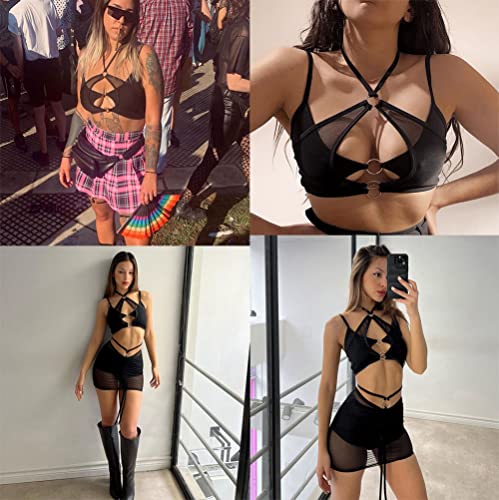 Women's Metallic Mesh Sexy Chain Crop Top Bra Backless Halter Crisscross Sleeveless See Through Vest T Shirt with O Ring, Small, Black3