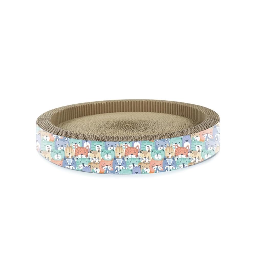 Record Round Cardboard Scratching Post with Catnip – Dimensions: Diameter 40 x 6H cm – Cylindrical Shape – Toy for Cats and Comfortable Kennel – Havana Colour with Pattern